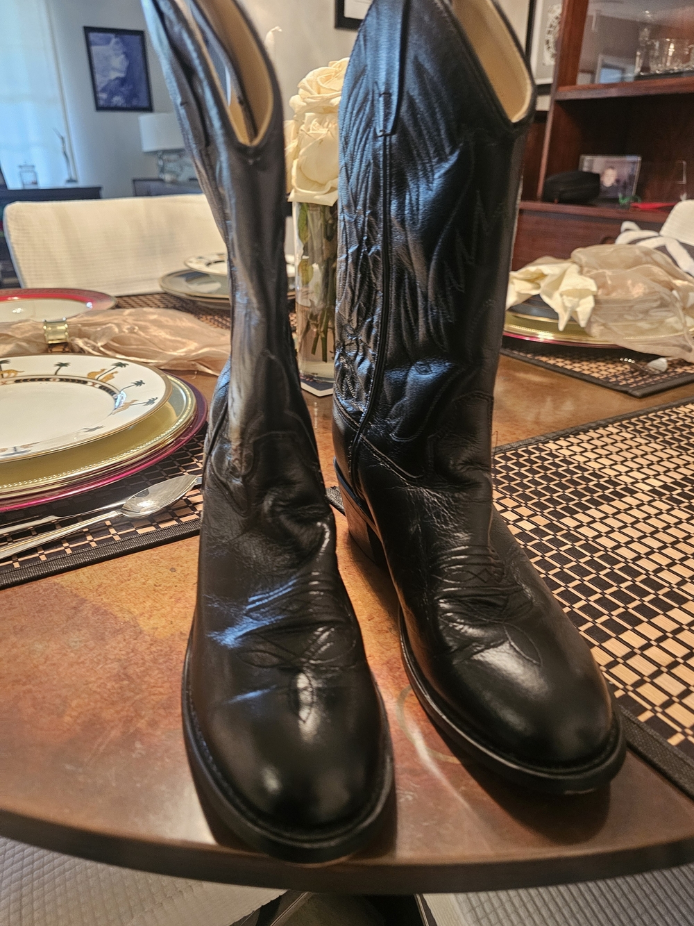 Old West Black Leather Women's Heeled Western Boots